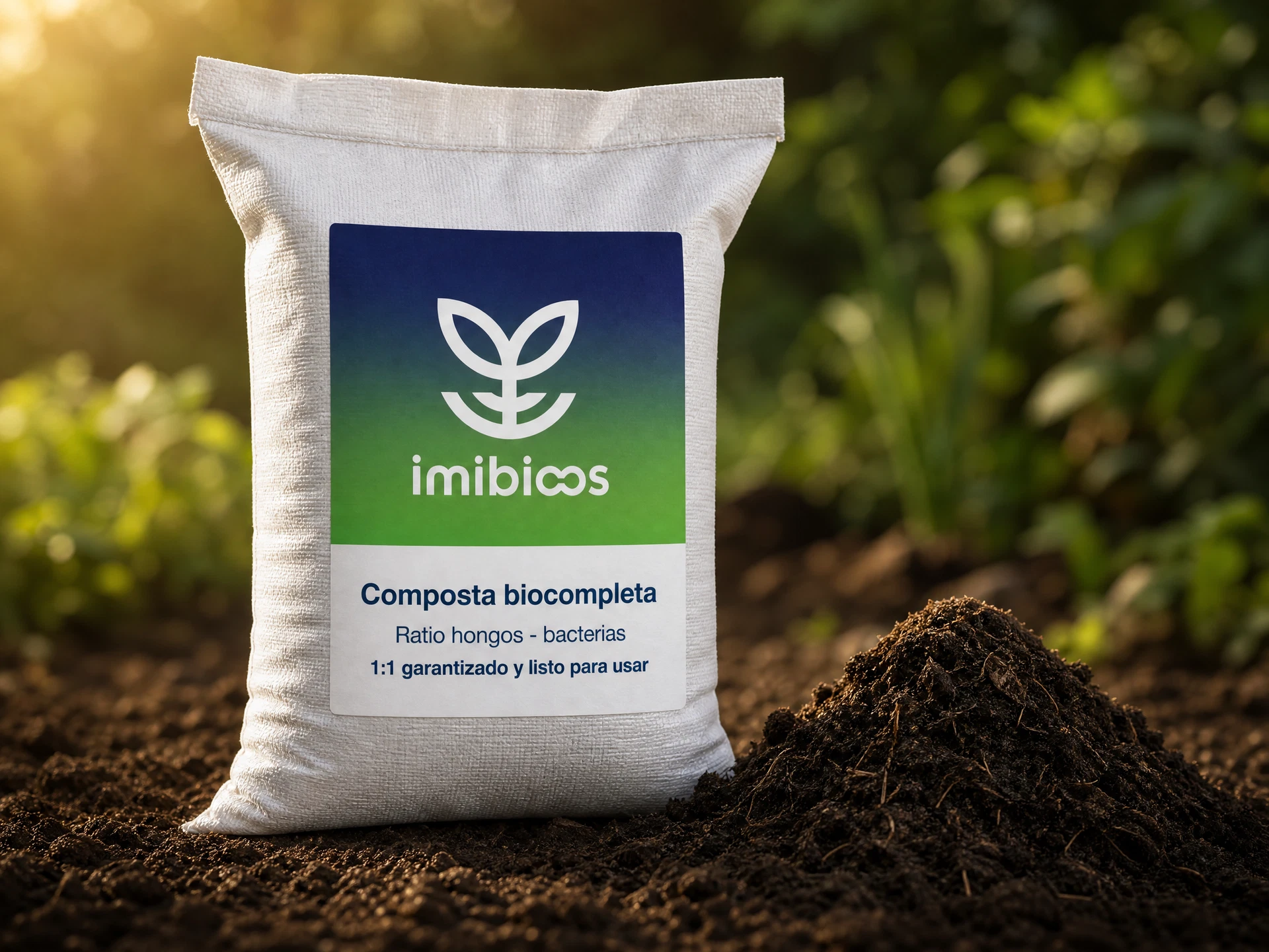Costal de Composta Biocompleta Imibios junto a un montón de composta