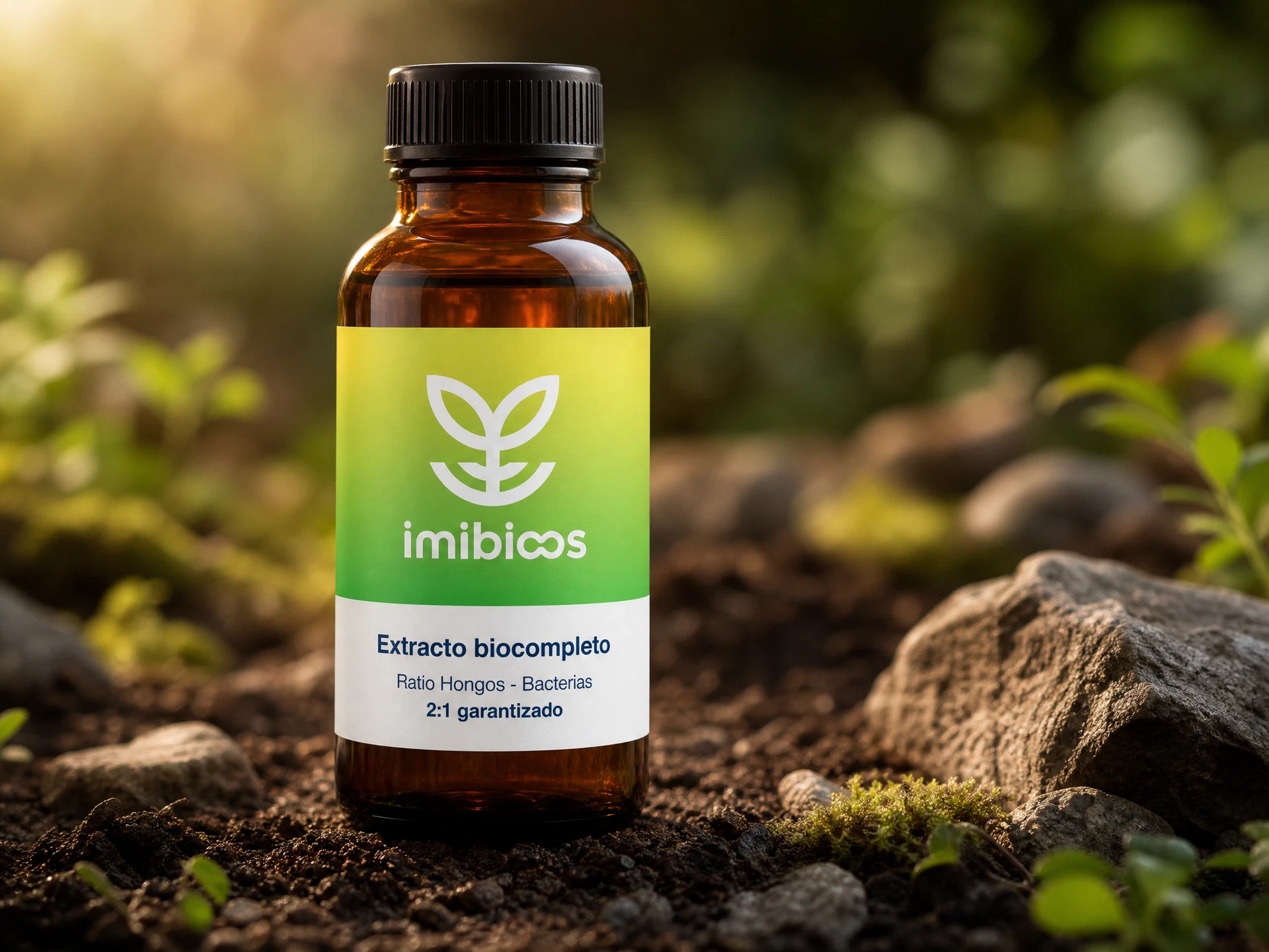 Botella de Extracto Biocompleto Imibios con concentrado café sobre suelo vivo